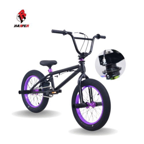 BICICLETA HARPER BMX PRO MONTADA – NEGRA Y MORADA