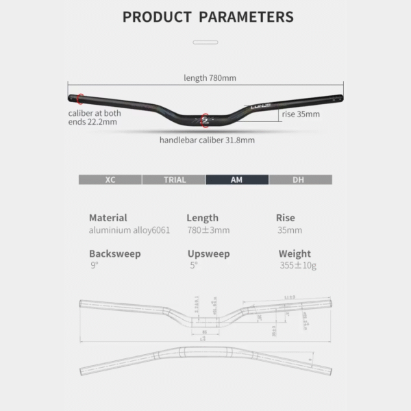 Manillar LUNJE FLYING 35mm 780mm Varios Colores