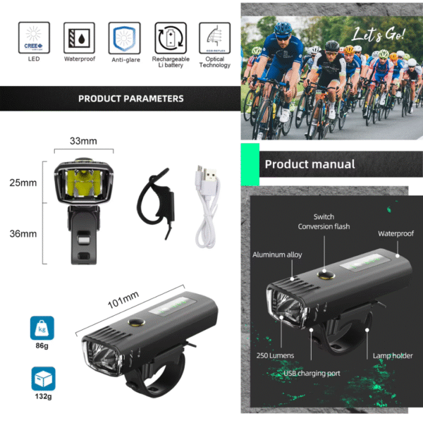 Linterna BICYCLELIGHT PHOTOVOTAICA 250 Lúmenes